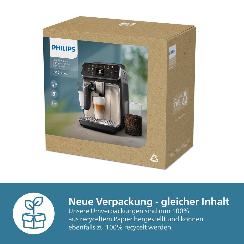 Kaffeevollautomat EP5547/90 5500 Series, 20 Kaffeespezialitäten (heiß oder eisgekühlt), LatteGo-Milchsystem, SilentBrew Technologie, Schwarz Verchromt 15 Bar