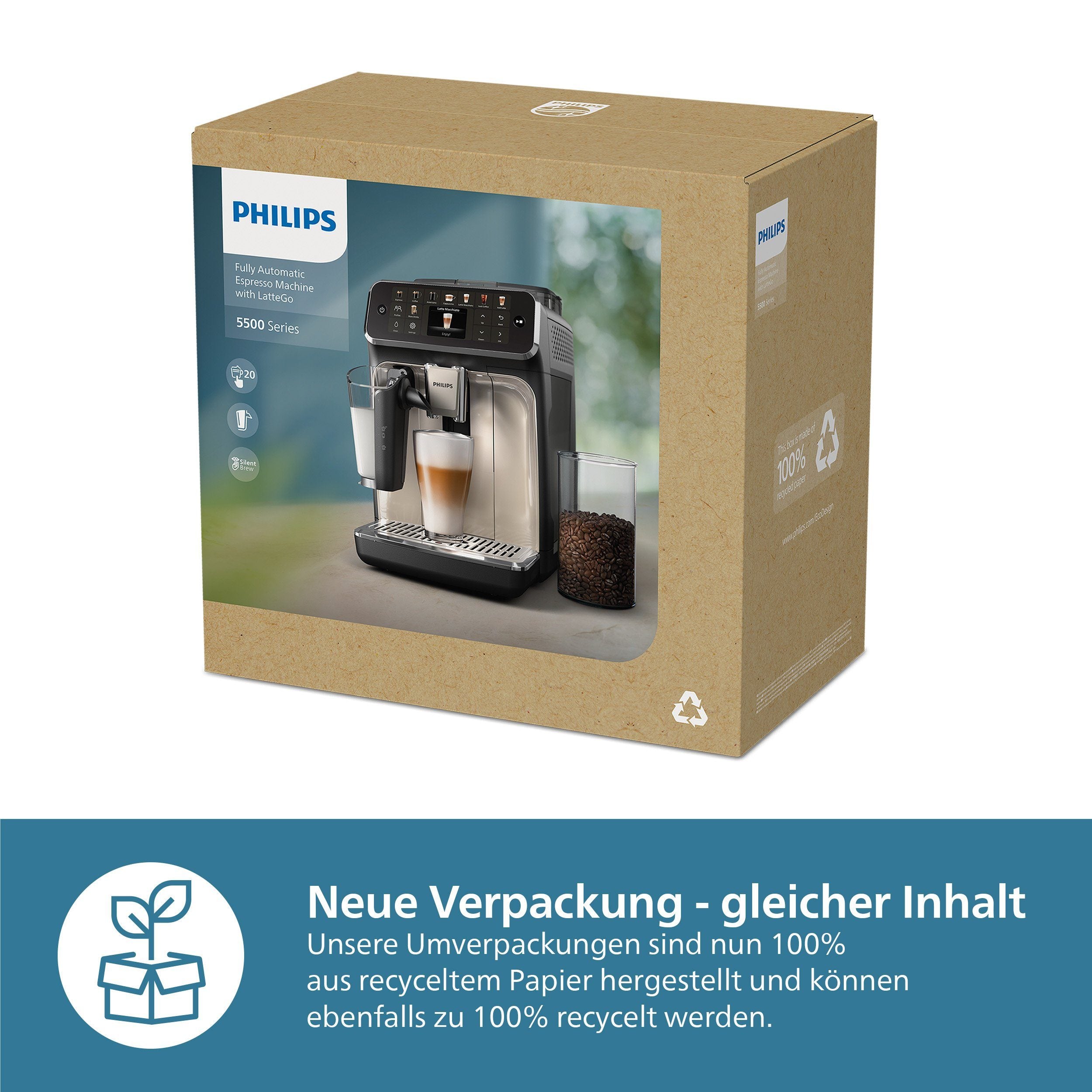 Kaffeevollautomat EP5547/90 5500 Series, 20 Kaffeespezialitäten (heiß oder eisgekühlt), LatteGo-Milchsystem, SilentBrew Technologie, Schwarz Verchromt 15 Bar